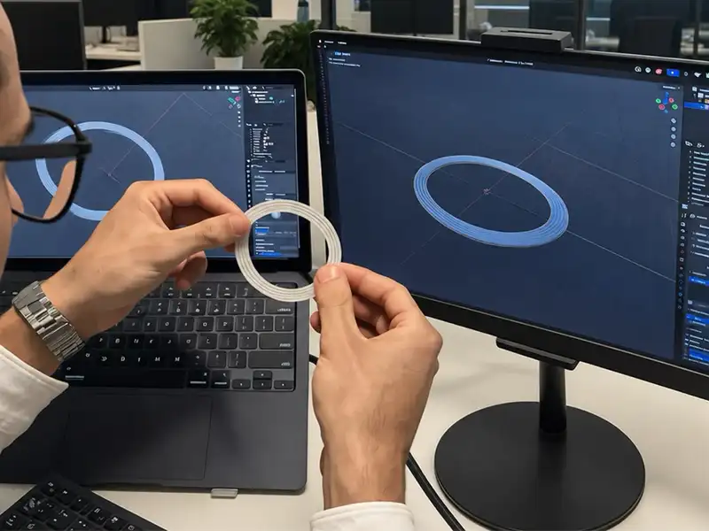 Kunststof dichting in de hand naast het digitale ontwerp op een computerscherm