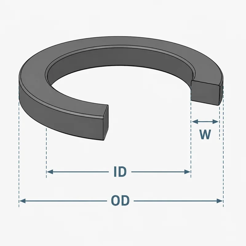Maatvoering van een rubber ring met ID voor binnendiameter, OD voor buitendiameter en W voor ringbreedte